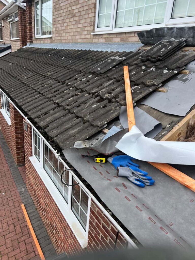 This is a photo of a pitched roof which is being repaired. The existing roof was leaking badly. Works carried out by Haslemere Roofing Repairs